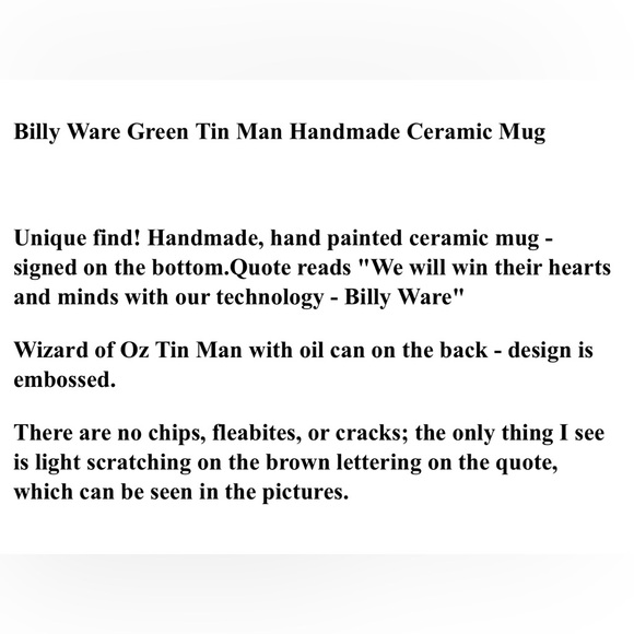 Tin Man Handmade Ceramic Mug Wizard of Oz - Handmade Billy Ware Cup 16 Oz - Picture 9 of 9
